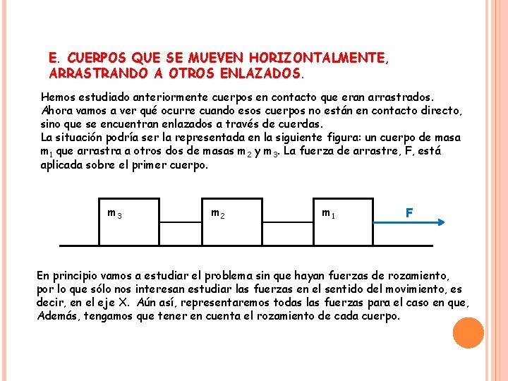 E. CUERPOS QUE SE MUEVEN HORIZONTALMENTE, ARRASTRANDO A OTROS ENLAZADOS. Hemos estudiado anteriormente cuerpos