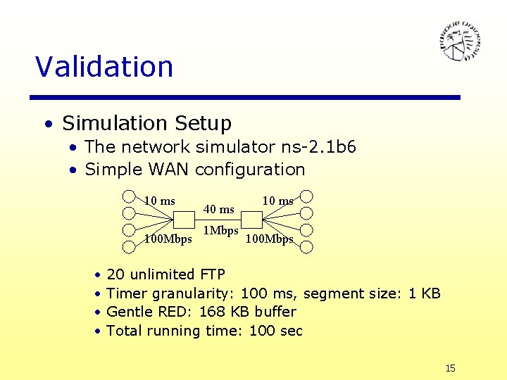 Validation • Simulation Setup • The network simulator ns-2. 1 b 6 • Simple