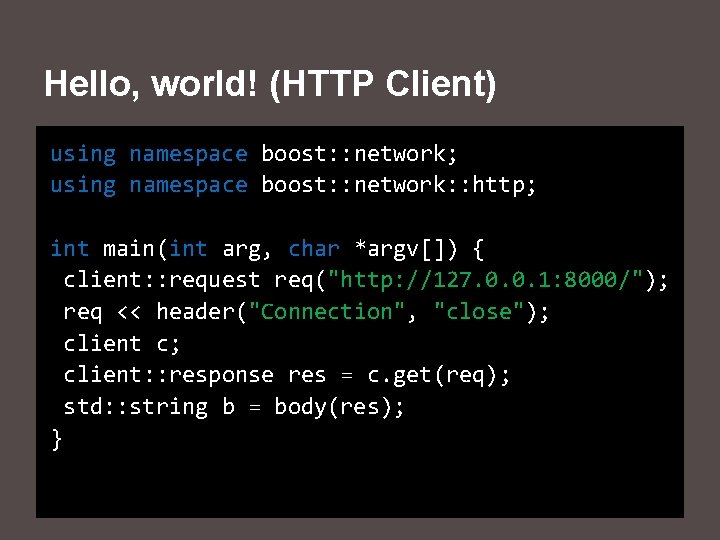 Hello, world! (HTTP Client) using namespace boost: : network; using namespace boost: : network: