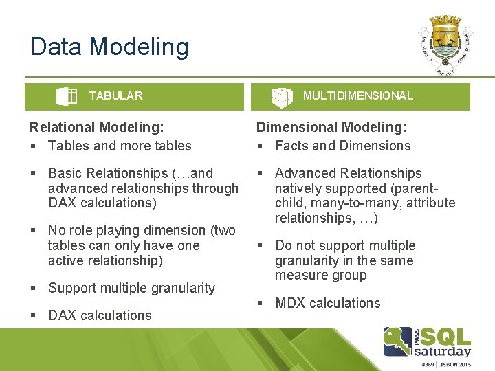Data Modeling TABULAR MULTIDIMENSIONAL Relational Modeling: § Tables and more tables Dimensional Modeling: §
