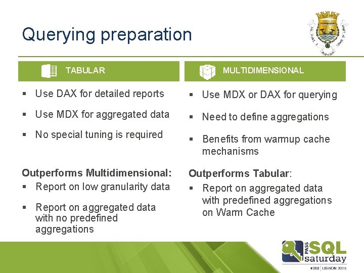 Querying preparation TABULAR MULTIDIMENSIONAL § Use DAX for detailed reports § Use MDX or