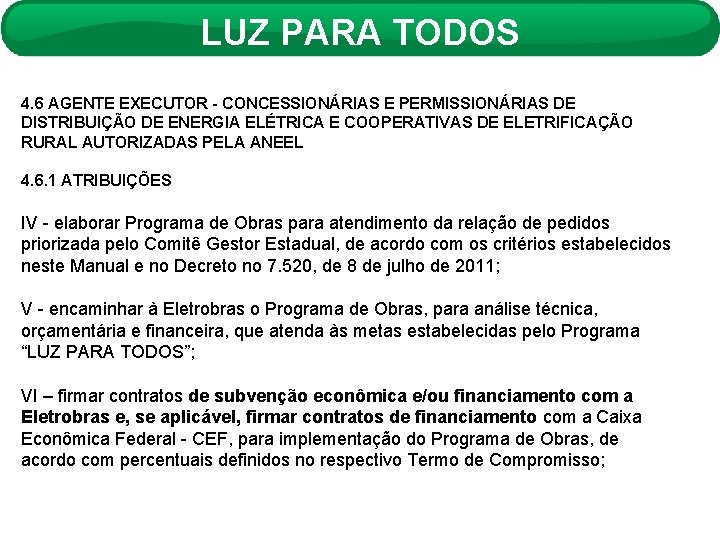 LUZ PARA TODOS 4. 6 AGENTE EXECUTOR - CONCESSIONÁRIAS E PERMISSIONÁRIAS DE DISTRIBUIÇÃO DE