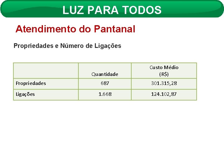 LUZ PARA TODOS Atendimento do Pantanal Propriedades e Número de Ligações Propriedades Ligações Quantidade