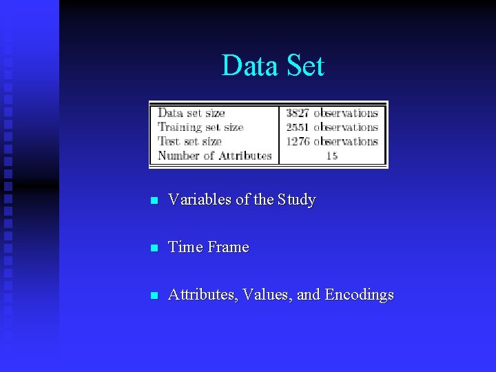 Data Set n Variables of the Study n Time Frame n Attributes, Values, and