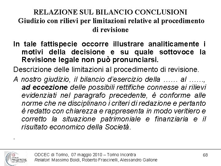 RELAZIONE SUL BILANCIO CONCLUSIONI Giudizio con rilievi per limitazioni relative al procedimento di revisione