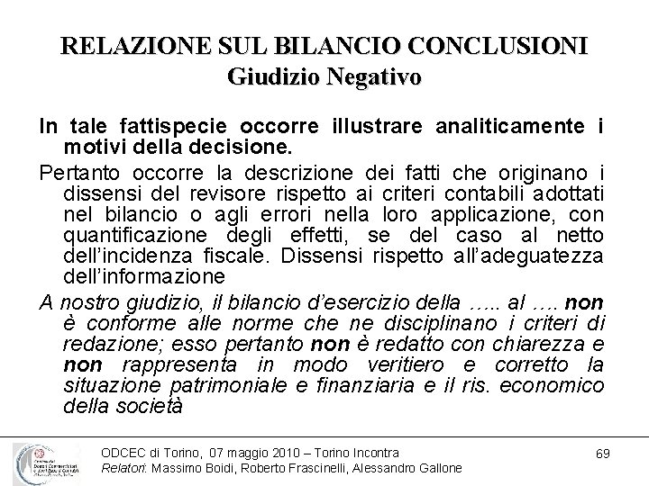 RELAZIONE SUL BILANCIO CONCLUSIONI Giudizio Negativo In tale fattispecie occorre illustrare analiticamente i motivi