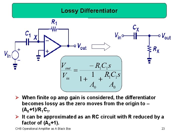 Lossy Differentiator Ø When finite op amp gain is considered, the differentiator becomes lossy