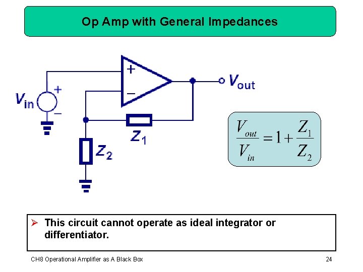 Op Amp with General Impedances Ø This circuit cannot operate as ideal integrator or