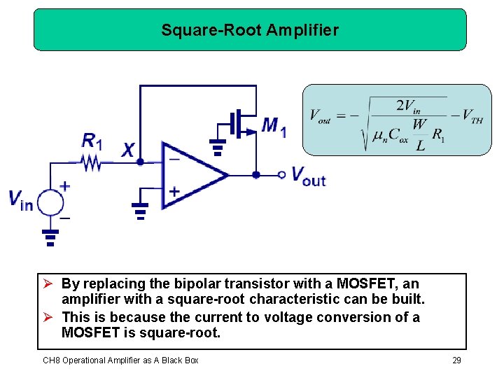 Square-Root Amplifier Ø By replacing the bipolar transistor with a MOSFET, an amplifier with