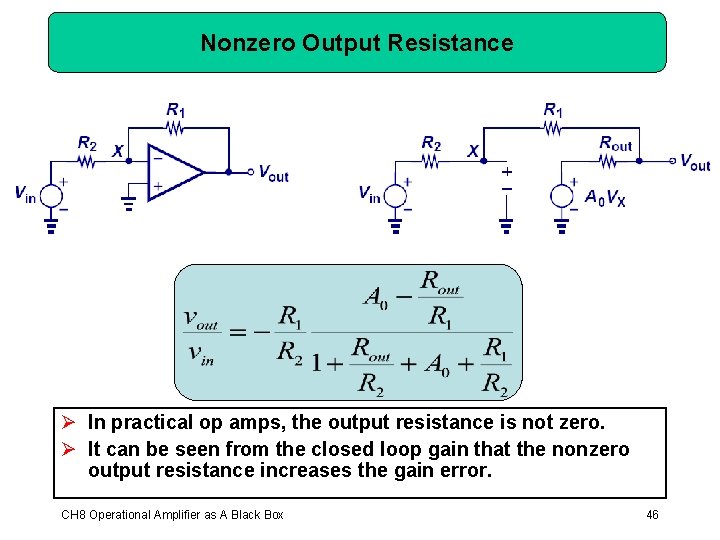 Nonzero Output Resistance Ø In practical op amps, the output resistance is not zero.