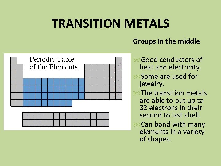 TRANSITION METALS Groups in the middle Good conductors of heat and electricity. Some are