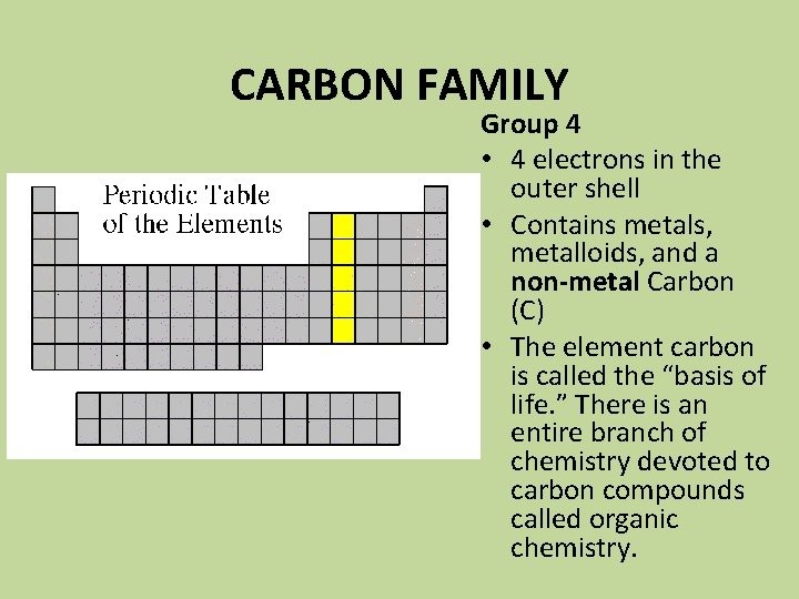 CARBON FAMILY Group 4 • 4 electrons in the outer shell • Contains metals,