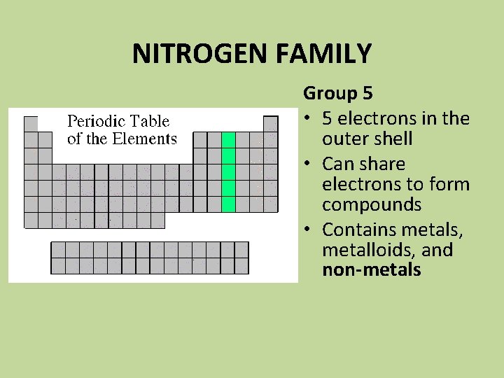 NITROGEN FAMILY Group 5 • 5 electrons in the outer shell • Can share