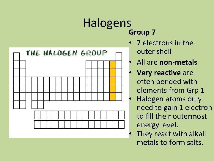 Halogens Group 7 • 7 electrons in the outer shell • All are non-metals