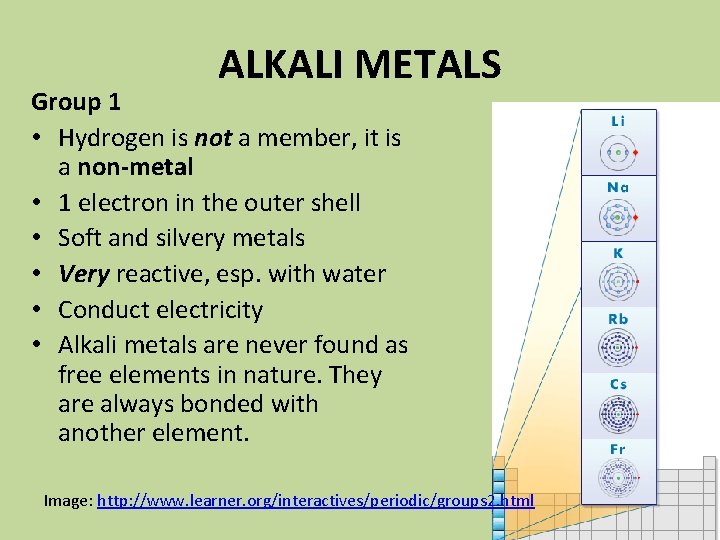 ALKALI METALS Group 1 • Hydrogen is not a member, it is a non-metal