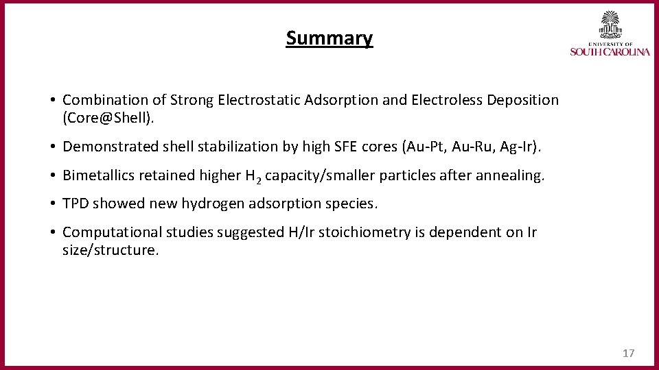 Summary • Combination of Strong Electrostatic Adsorption and Electroless Deposition (Core@Shell). • Demonstrated shell