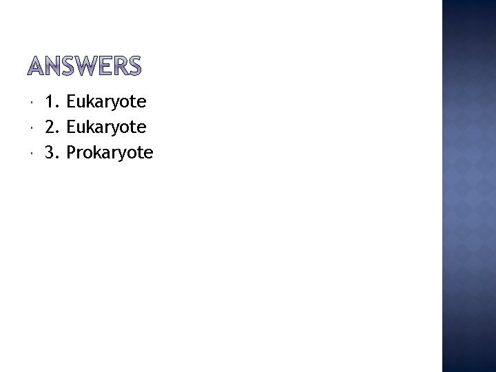  1. Eukaryote 2. Eukaryote 3. Prokaryote 