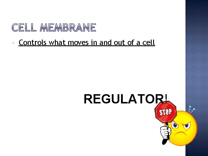  Controls what moves in and out of a cell REGULATOR! 
