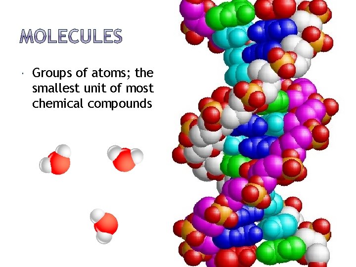  Groups of atoms; the smallest unit of most chemical compounds 
