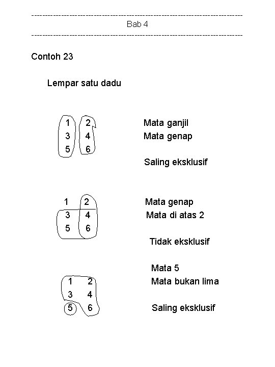 ---------------------------------------Bab 4 --------------------------------------- Contoh 23 Lempar satu dadu 1 3 5 2 4 6