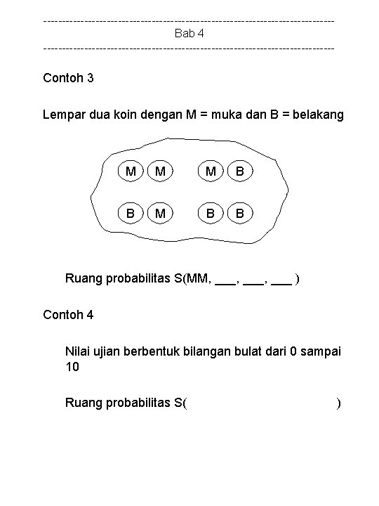 ---------------------------------------Bab 4 --------------------------------------- Contoh 3 Lempar dua koin dengan M = muka dan B