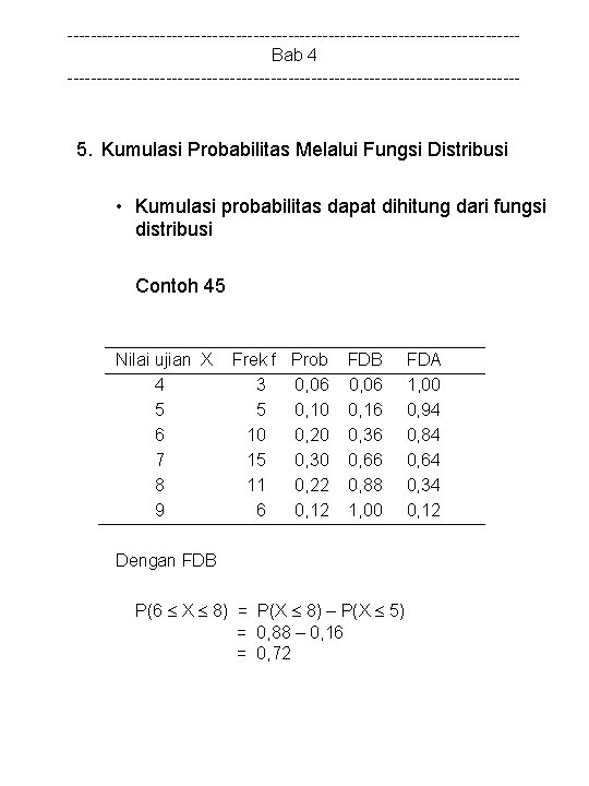 ---------------------------------------Bab 4 --------------------------------------- 5. Kumulasi Probabilitas Melalui Fungsi Distribusi • Kumulasi probabilitas dapat dihitung