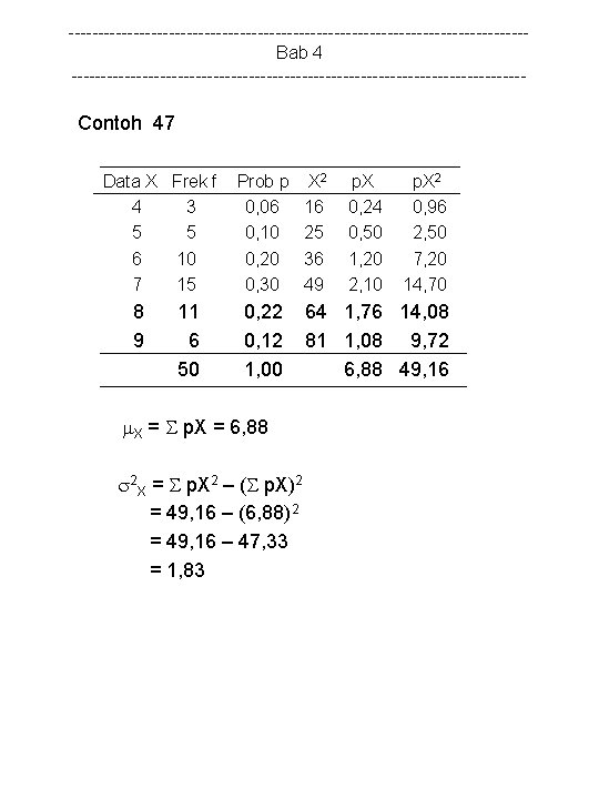 ---------------------------------------Bab 4 --------------------------------------- Contoh 47 Data X Frek f 4 3 5 5 6