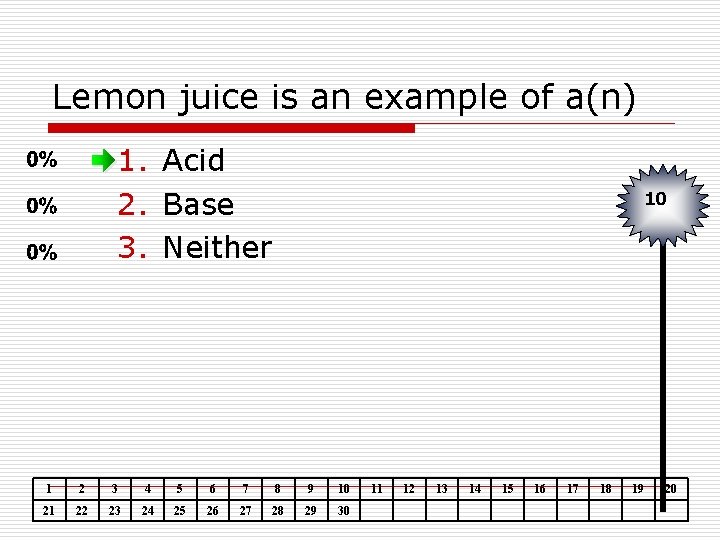 Lemon juice is an example of a(n) 1. Acid 2. Base 3. Neither 10