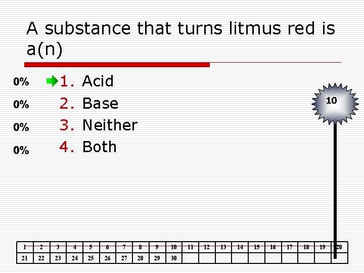 A substance that turns litmus red is a(n) 1. 2. 3. 4. Acid Base