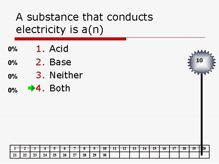 A substance that conducts electricity is a(n) 1. 2. 3. 4. Acid Base Neither