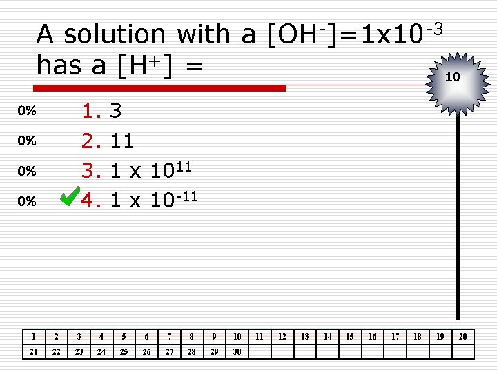 A solution with a [OH-]=1 x 10 -3 has a [H+] = 10 1.