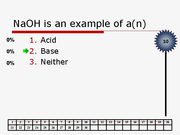 Na. OH is an example of a(n) 1. Acid 2. Base 3. Neither 10