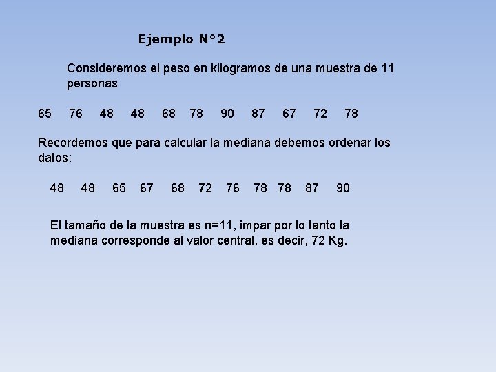 Ejemplo N° 2 Consideremos el peso en kilogramos de una muestra de 11 personas