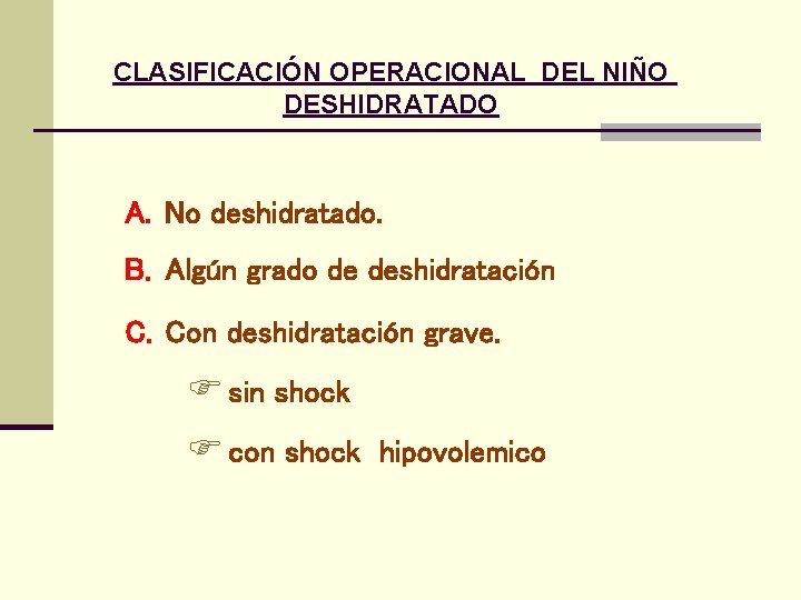 CLASIFICACIÓN OPERACIONAL DEL NIÑO DESHIDRATADO A. No deshidratado. B. Algún grado de deshidratación C.