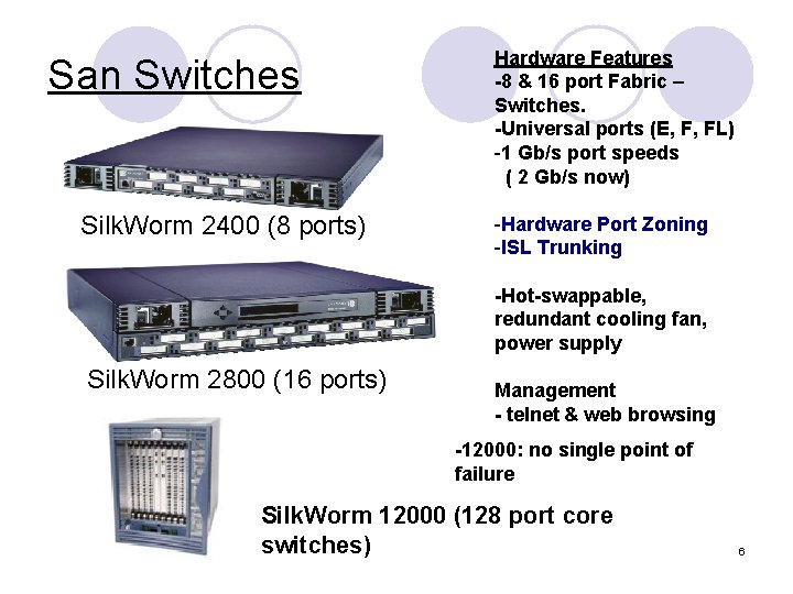 San Switches Silk. Worm 2400 (8 ports) Hardware Features -8 & 16 port Fabric