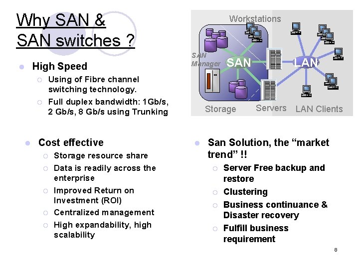 Why SAN & SAN switches ? l High Speed SAN Manager Using of Fibre