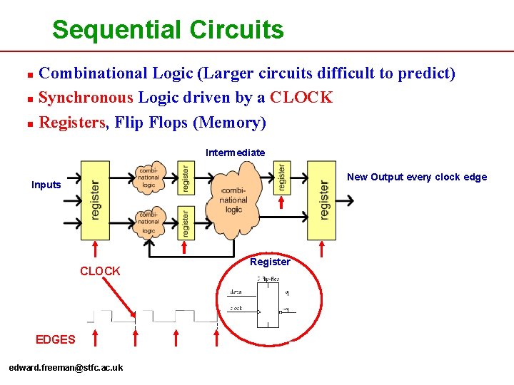 Sequential Circuits Combinational Logic (Larger circuits difficult to predict) n Synchronous Logic driven by