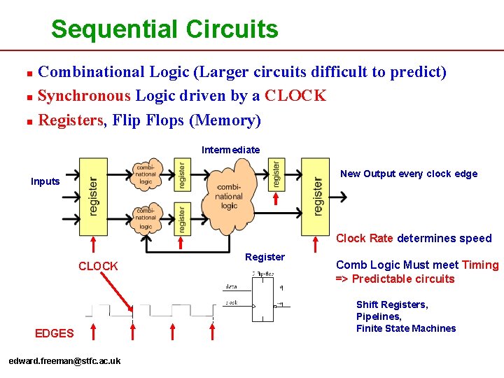 Sequential Circuits Combinational Logic (Larger circuits difficult to predict) n Synchronous Logic driven by