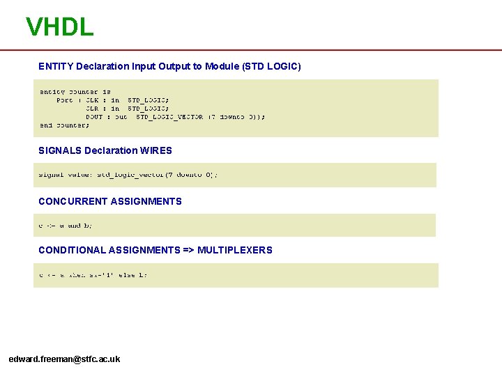 VHDL ENTITY Declaration Input Output to Module (STD LOGIC) SIGNALS Declaration WIRES CONCURRENT ASSIGNMENTS VHDL ENTITY Declaration Input Output to Module (STD LOGIC) SIGNALS Declaration WIRES CONCURRENT ASSIGNMENTS