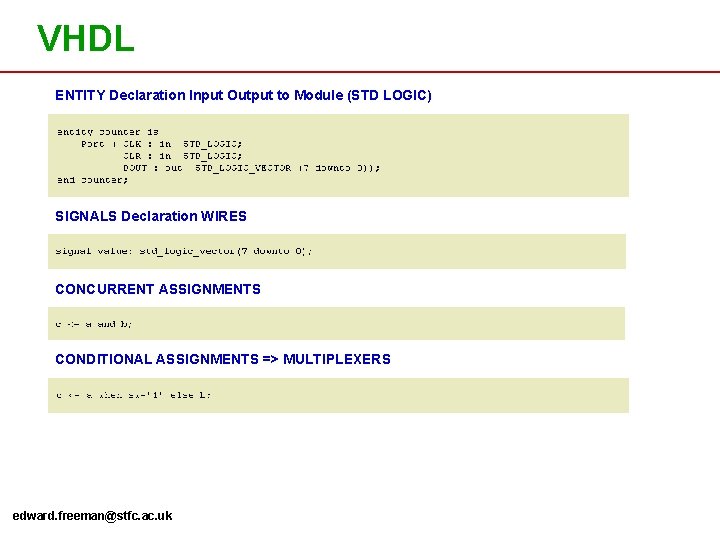 VHDL ENTITY Declaration Input Output to Module (STD LOGIC) SIGNALS Declaration WIRES CONCURRENT ASSIGNMENTS