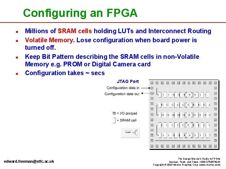 Configuring an FPGA n n Millions of SRAM cells holding LUTs and Interconnect Routing