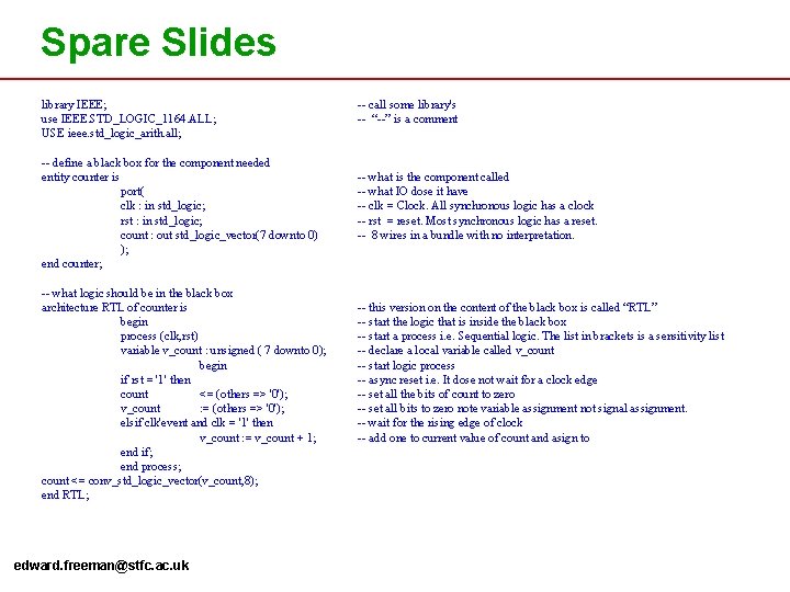 Spare Slides library IEEE; use IEEE. STD_LOGIC_1164. ALL; USE ieee. std_logic_arith. all; -- define