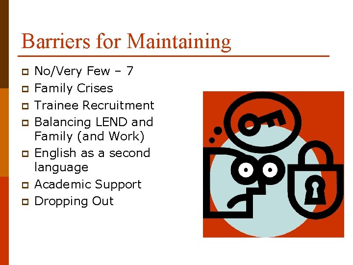 Barriers for Maintaining p p p p No/Very Few – 7 Family Crises Trainee