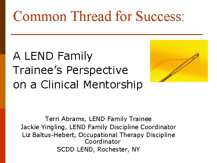 Common Thread for Success: A LEND Family Trainee’s Perspective on a Clinical Mentorship Terri