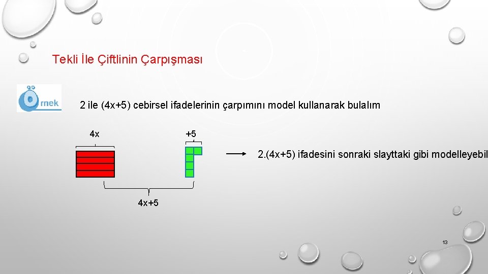 Tekli İle Çiftlinin Çarpışması 2 ile (4 x+5) cebirsel ifadelerinin çarpımını model kullanarak bulalım