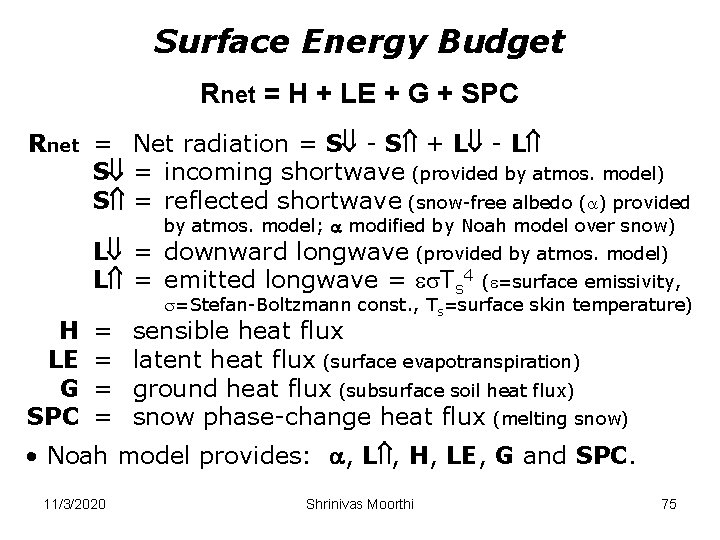 Surface Energy Budget Rnet = H + LE + G + SPC Rnet =