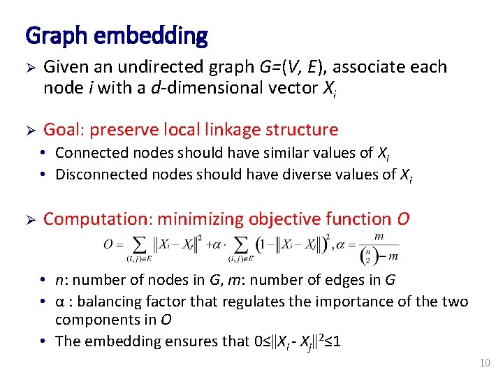 Graph embedding Ø Given an undirected graph G=(V, E), associate each node i with