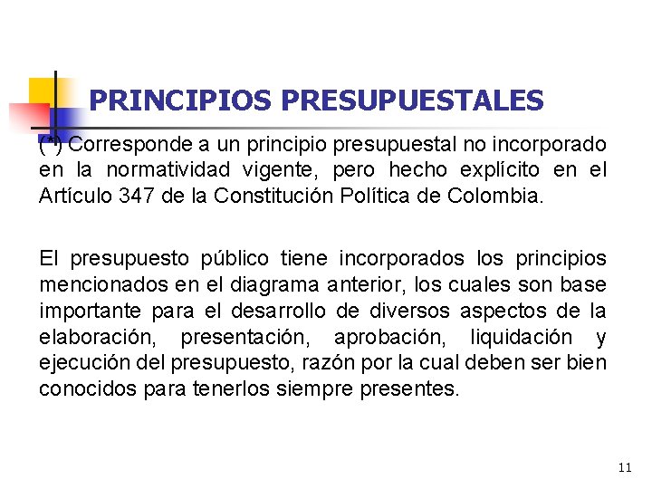 PRINCIPIOS PRESUPUESTALES (*) Corresponde a un principio presupuestal no incorporado en la normatividad vigente,