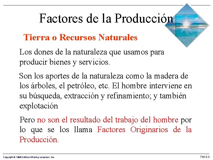 Factores de la Producción Tierra o Recursos Naturales Los dones de la naturaleza que