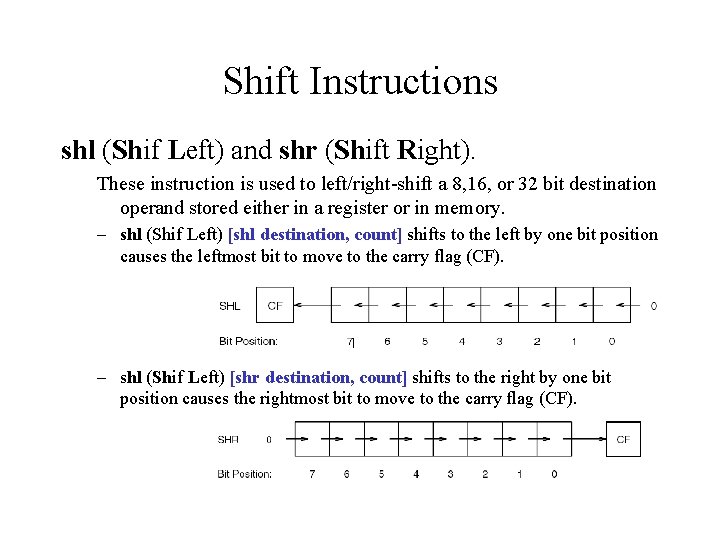 Shift Instructions shl (Shif Left) and shr (Shift Right). These instruction is used to